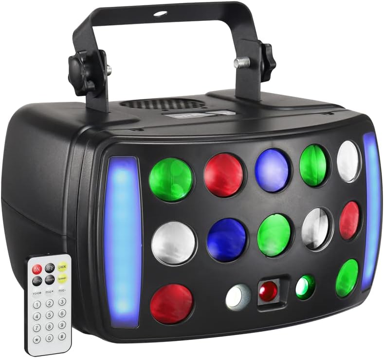 Photo 1 of DJ Light Disco Light, Olaalite Stage Light 4-in-1 with RGBW Derby Beam, Led Strobe, Red Green Pattern and Marquee Effect Light, Perfect for Wedding Bar Club Disco Party Festival Stage & DJ Lighting
