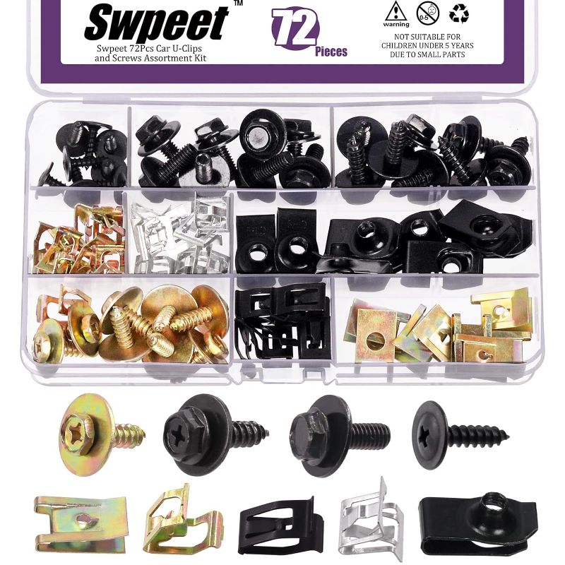 Photo 1 of Swpeet 72Pcs Universal Metal Engine Under Cover Body Bolts Bumper Fender and Metal Trim Panel Spring Clip Auto Car U-Clip Trim Moulding Clip with Matched Screws Compatible with Most Cars
