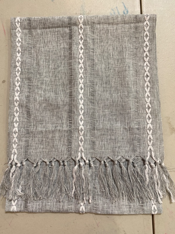 Photo 2 of GSG Farmhouse Grey Table Runner Boho Style Linen 13 x 120 Inch Long, Handmade Rustic Table Runner with Tassels for Holiday Party Dining Room Kitchen,Long Dresser Scarf
