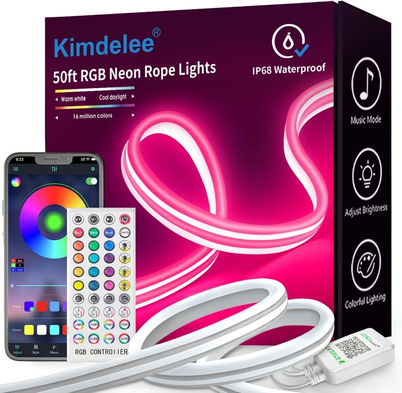Photo 1 of 50ft Neon Rope RGB Lights, IP68 Waterproof Flexible Neon Lights, LED Strip Lights for Bedroom, Boys Room Decor for Teen Girls, Outdoors, Pool

