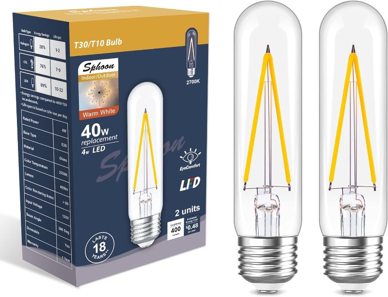 Photo 1 of Dimmable Tubular Led Bulb E26 led Light Bulb,T10 T30 Vintage LED Bulbs, 40 watt Equal 4W, 2700K Warm White Light Edison Lights Bulbs, AC120V, 400lm, for Chandelier Pendant Lights- 2 Pack
