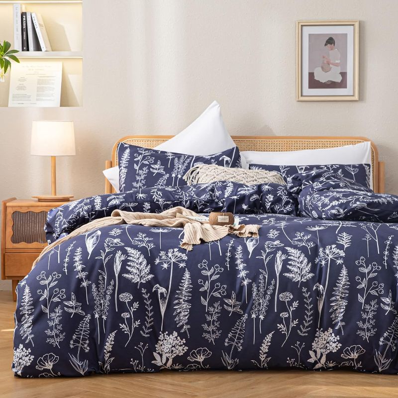 Photo 1 of JANZAA Duvet Cover Queen Navy Blue Floral Duvet Cover Botanical Duvet Cover Set Microfiber Soft Queen Bed Cover with Zipper Closure 4 Ties (2 Pillow Cases)
