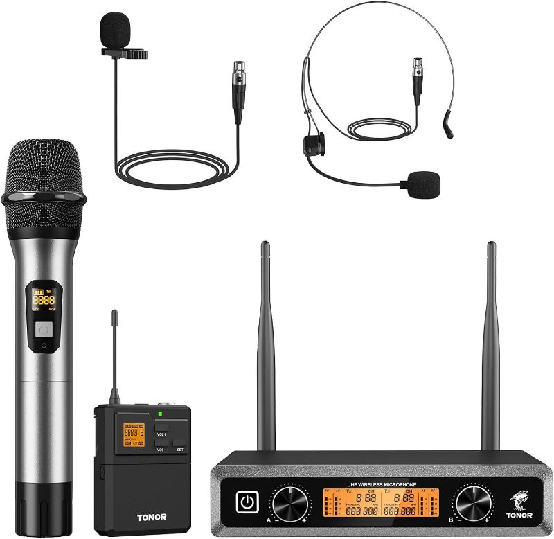 Photo 1 of TONOR UHF Wireless Microphones System with Metal Cordless Handheld/Headset/Lavalier Lapel Mics, Bodypack Transmitter, Receiver, 2*15 Channels 200ft Range for Singing Karaoke Church Party DJ PA Speaker
