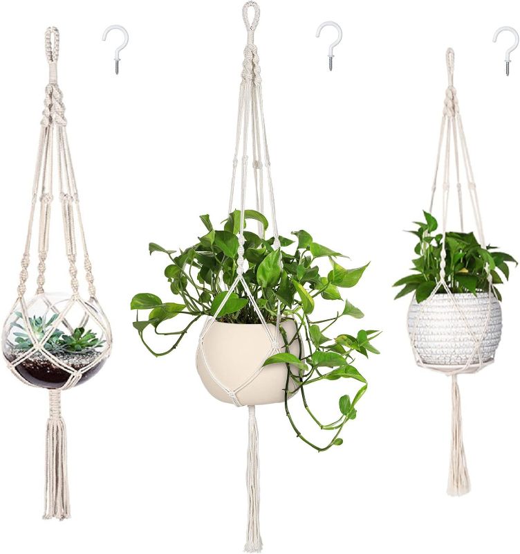 Photo 1 of 3 Pack Macrame Plant Hanger Indoor Hanging Planter for Plants Holder with 3 Hooks, Different Size for Boho Home Decor,Ivory
