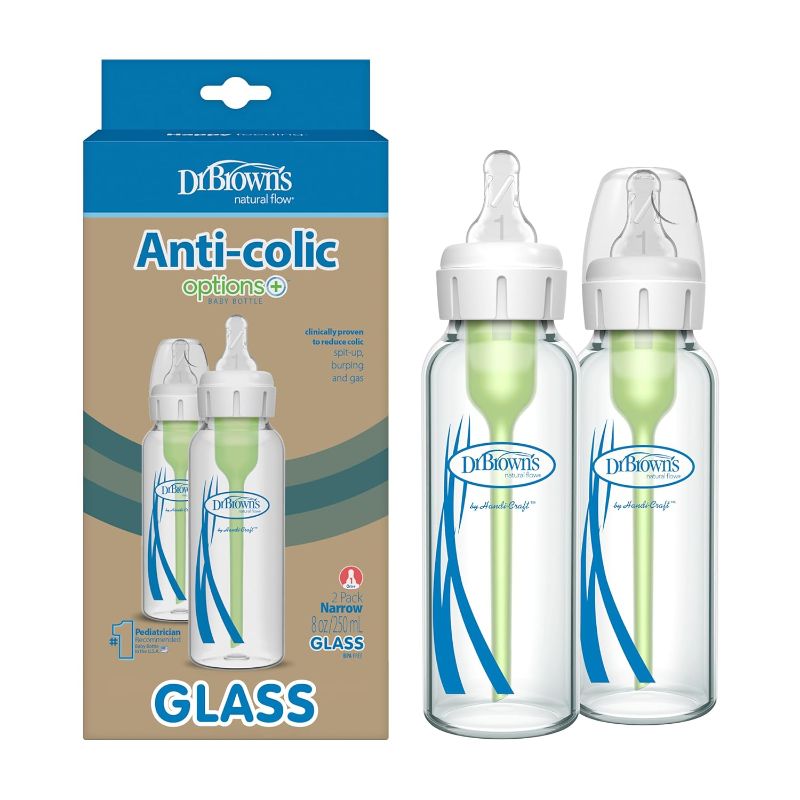 Photo 1 of Dr. Brown's Natural Flow Anti-Colic Options+ Narrow Glass Baby Bottle 8 oz/250 mL, with Level 1 Slow Flow Nipple, 2 Pack, 0m+
