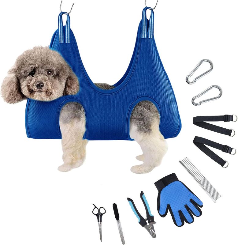 Photo 1 of Dog Grooming Hammock Harness for Dogs & Cats with Pet Nail Clipper Trimmer - Cat Hanger Sling for Trimming Clipping Nails- Dog Hammock Restraint Bag for Small Medium Large Dog ? Blue S ?
