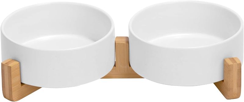 Photo 1 of SPUNKYJUNKY Ceramic Dog and Cat Bowl with Wood Stand Non-Slip Matte Glaze Weighted Food Water Set for Cats &Small Dogs 13.5 OZ
