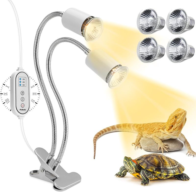 Photo 1 of Reptile Heat Lamp, Dual Head UVA/UVB Reptile Light with Cycle Timer, Dimmable Basking Light for Turtle Tortoise Lizard Snake Bearded Dragon and More, 4 Bulbs (2PCS 25W + 2PCS 50W) Included
