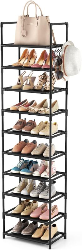 Photo 1 of 10 Tiers Tall Shoe Rack 20-25 Pairs Boots Organizer Storage Sturdy Narrow Shoe Shelf for Entryway, Closets with Hooks, Black
