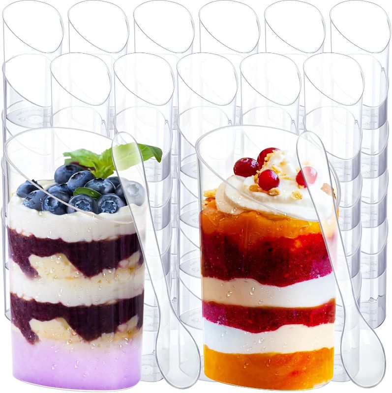 Photo 1 of 100 Pack Mini Dessert Cups with Spoons Small Plastic 3 oz Slanted Round Shooter Disposable Clear Plastic Parfait Appetizer Cup for Tasting Sample Appetizers
