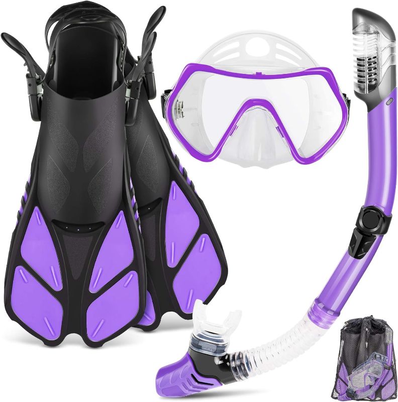 Photo 1 of Size (S) 4.5-8.5 - ZEEPORTE Mask Fin Snorkel Set, Travel Size Snorkeling Gear for Adults with Panoramic View Anti-Fog Mask, Trek Fins, Dry Top Snorkel and Gear Bag for Swimming Training, Snorkeling Kit Diving Packages
