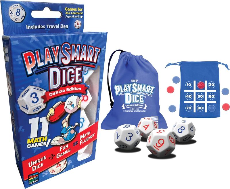 Photo 1 of PlaySmart Dice Deluxe: Sharpen Math Skills at Home and On The Go with Uniquely Numbered Math Dice and 11 Fun Math Games That Help Kids Master Mental Math. Perfect Travel Game!
