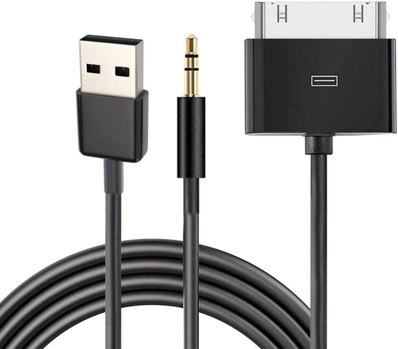 Photo 1 of 30 Pin to AUX USB, 30 Pin Charger Dock to 3.5mm Car AUX Audio USB Charger Cable Data Sync Transfer & Charging for Phone 3G 4G Pod Touch (Black)
