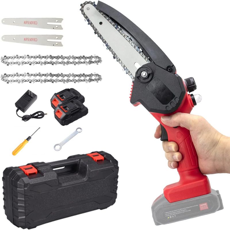 Photo 1 of Mstiyx Mini Cordless Chainsaw Kit, Upgraded 6" One-Hand Handheld Electric Portable Chain Saw, 24V Rechargeable Battery Operated, for Tree Trimming and Branch Wood Cutting (Color : Red)
