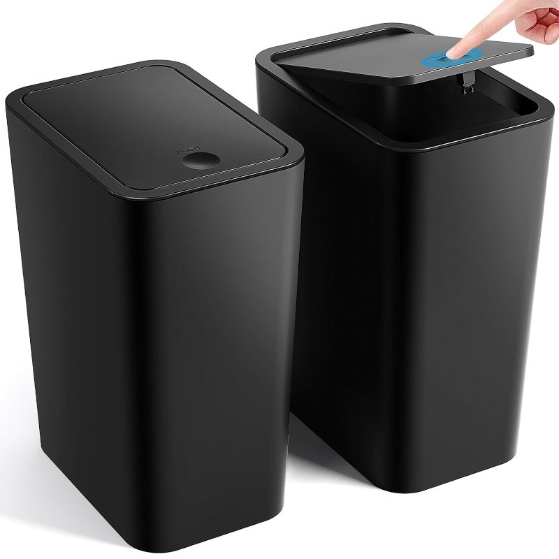 Photo 1 of ITCPRL Bathroom Trash Can with Lid, 2 Pack 4 Gallons/15 Liters Garbage Can with Pop-Up Lid, Small Plastic Trash Can, Slim Trash Bin Waste Basket for Bathroom, Bedroom, Office, Living Room(Black)
