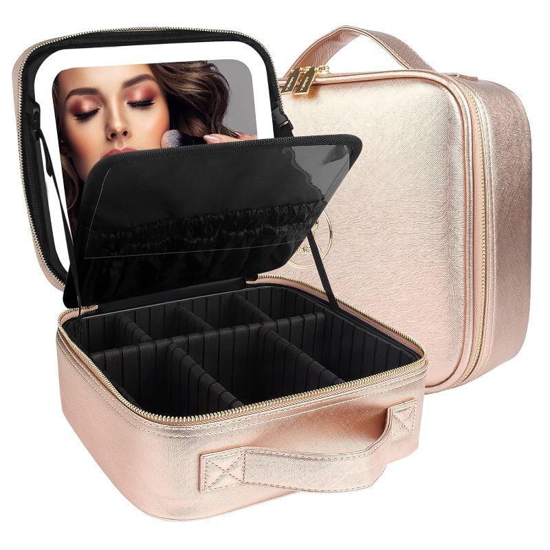 Photo 1 of MOMIRA Travel Cosmetic Train Case with Lighted Mirror 3 Color Scenarios Cosmetic Bag Organizer with Adjustable Dividers Makeup Storage for Women, Makeup Accessories & Tools Case Champagne

