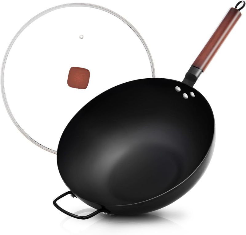 Photo 1 of KITEXPERT Carbon Steel Wok Pan With Lid - 13'' Wok & Stir Fry Pans Nonstick with Wooden Handle - No Chemical Coated Chinese Wok with Flat Bottom for Induction, Electric, Gas, Halogen, All Stoves
