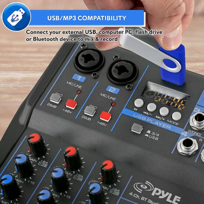 Photo 1 of Pyle Professional Audio Mixer Sound Board Console System Interface 4 Channel Digital USB Bluetooth MP3 Computer Input 48V Phantom Power Stereo DJ Studio Streaming FX 16-Bit DSP processor-PMXU43BT
