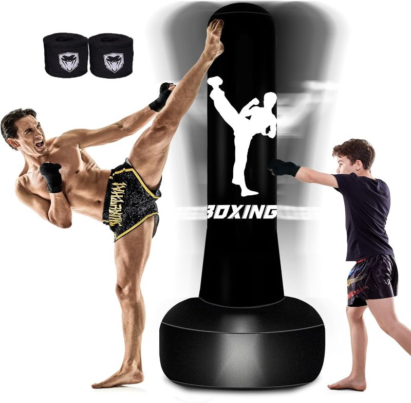Photo 1 of Standing Punching Bag with Hand Wraps for Adults 69'' Heavy Bag with Stand Inflatable Boxing Bags Freestanding Kickboxing Bag Equipment for Training MMA Muay Thai Fitness
