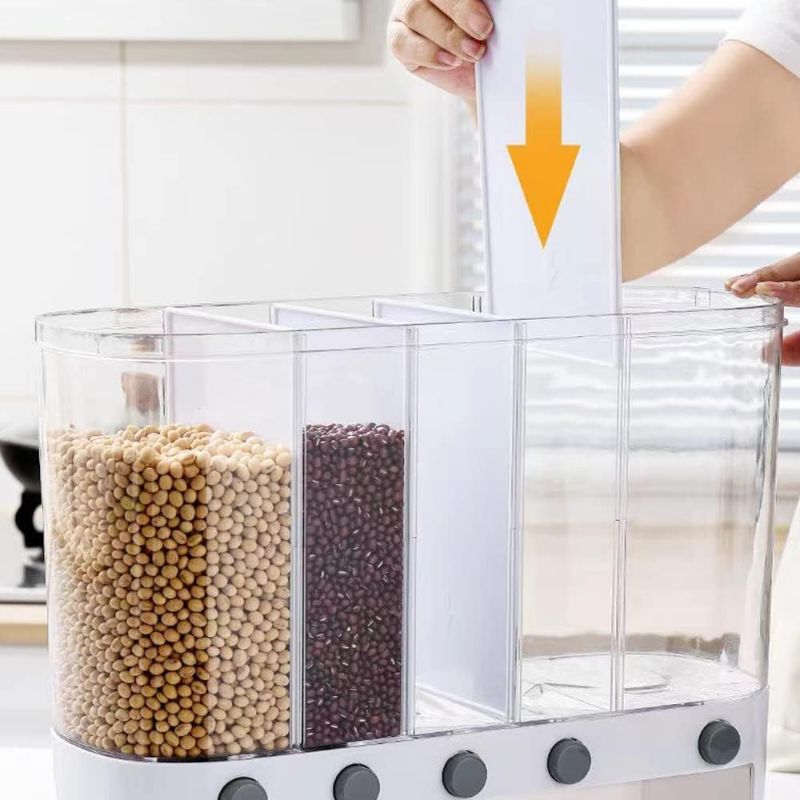 Photo 2 of Xilei Dry Food Dispenser,Wall mounted 5 Grid Cereal Dispenser,Rice dispenser 25 pounds Kitchen Storage with Measuring Cup