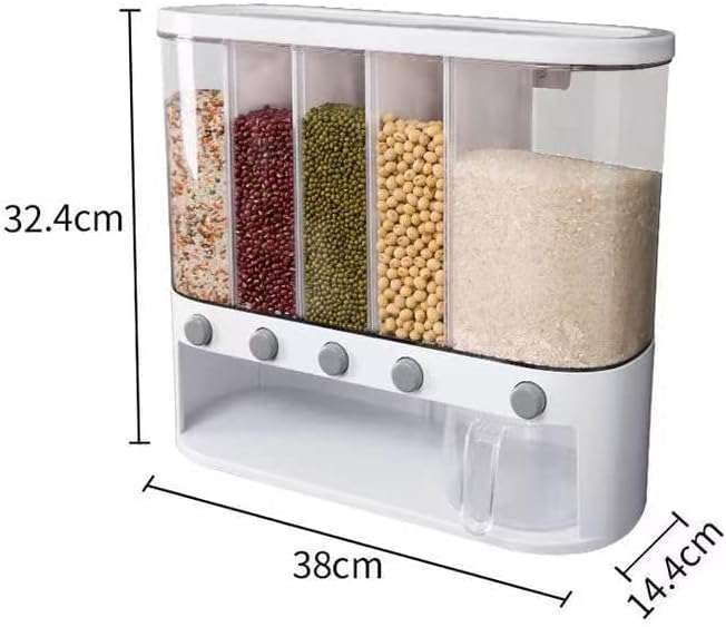 Photo 3 of Xilei Dry Food Dispenser,Wall mounted 5 Grid Cereal Dispenser,Rice dispenser 25 pounds Kitchen Storage with Measuring Cup