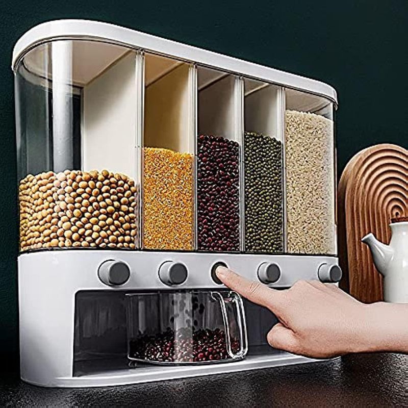 Photo 1 of Xilei Dry Food Dispenser,Wall mounted 5 Grid Cereal Dispenser,Rice dispenser 25 pounds Kitchen Storage with Measuring Cup