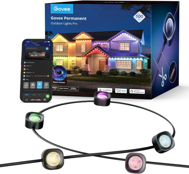 Photo 1 of Govee Permanent Outdoor Lights Pro, 100ft with 60 RGBIC Warm Cold White LED Lights, 75 Scene Modes for Mother's Day, IP67 Waterproof, Work with Alexa
