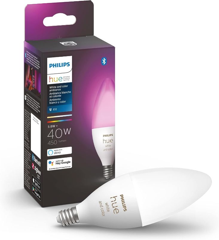 Photo 1 of Philips Hue Smart 40W B39 Candle-Shaped LED Bulb - White and Color Ambiance Color-Changing Light - 1 Pack - 450LM - E12 - Control with Hue App - Works with Alexa, Google Assistant and Apple Homekit
