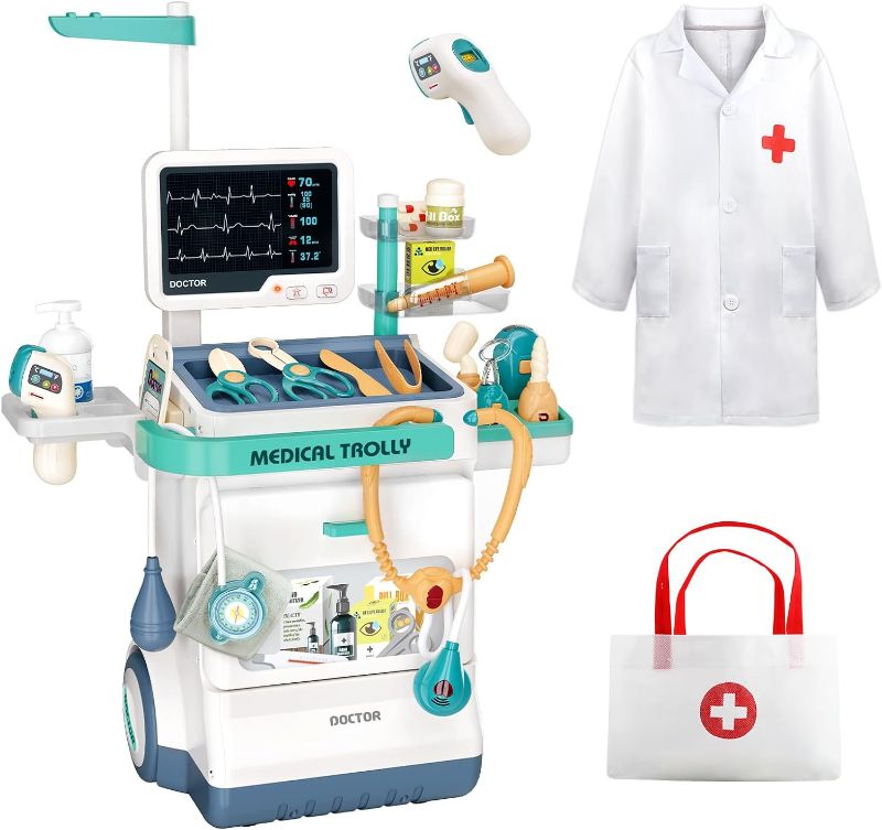 Photo 1 of Jovow Doctor Kit for Kids, Pretend Medical Station Set for Boys & Girls, 28Pcs Pretend Play Medical Kit Toy, Mobile Cart with Sound and Light Function