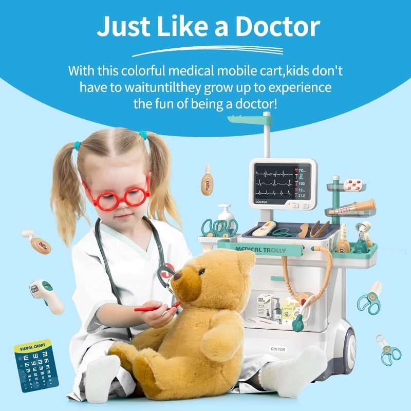 Photo 2 of Jovow Doctor Kit for Kids, Pretend Medical Station Set for Boys & Girls, 28Pcs Pretend Play Medical Kit Toy, Mobile Cart with Sound and Light Function