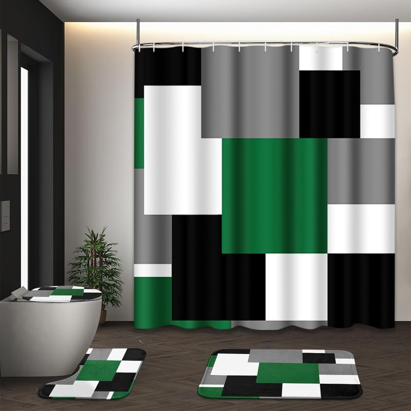 Photo 1 of Green Geometric Shower Curtain Set with Toilet Lid Cover and Non-Slip Rugs for Bathroom, Grey Black White Checkered 4 Pcs Shower Curtain Set, Modern Abstract Bathroom Set with 12 Hooks
