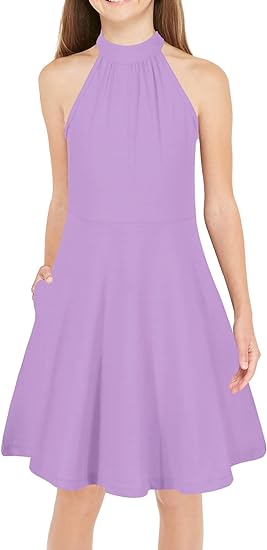 Photo 1 of GORLYA Girl's Halter Neck Cold Shoulder Sleeveless Summer Casual Sundress A-line Dress with Pockets for 4-12 Years
