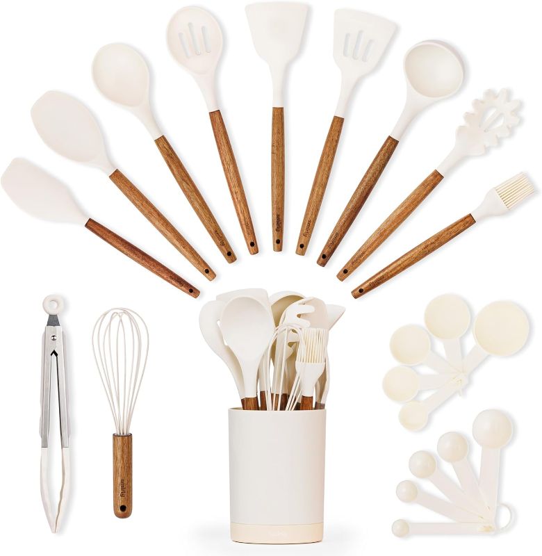 Photo 1 of Silicone Kitchen Utensils Set & Holder: Cooking Utensils Set - Kitchen Essentials for New Home & 1st Apartment- Silicone Spatula Set, Cooking Spoons for Nonstick Cookware (Acacia Wood, Cream White)
