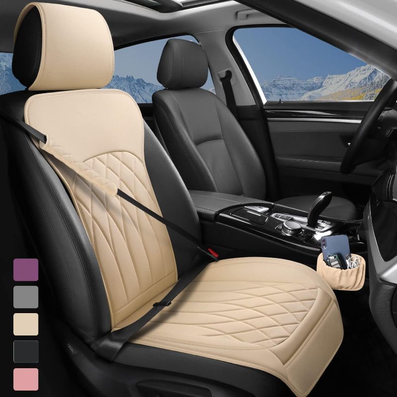 Photo 1 of 1 Pack Leather Front Car Seat Cover, Universal Sideless Car Seat Protector with Storage Pocket and Seat Belt Pad, Waterproof Automotive Seat Cover Cars
