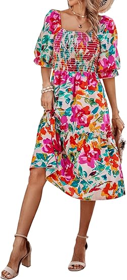 Photo 1 of L PRETTYGARDEN Women's Summer Casual Midi Dress Spring Puff Sleeve Square Neck A-line Flowy Boho Floral Smocked Dresses
