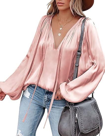 Photo 1 of 2XL Chigant Women's Satin Silk Blouse Lantern Long Sleeve Shirts Casual V Neck Plus Size Tops