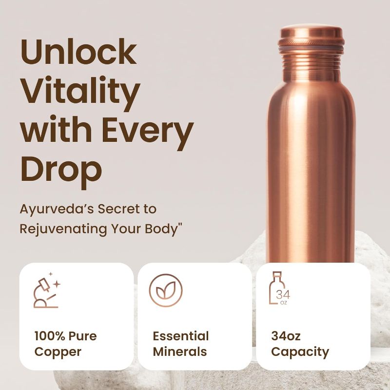 Photo 2 of 34oz Pure Copper Water Bottle for Drinking – Large Handcrafted Ayurvedic Copper Water Bottle, Leak Proof Lid – Smooth Finish Copper Bottle Water Vessel – 100 Copper Drinking Water Bottle 34 Oz
