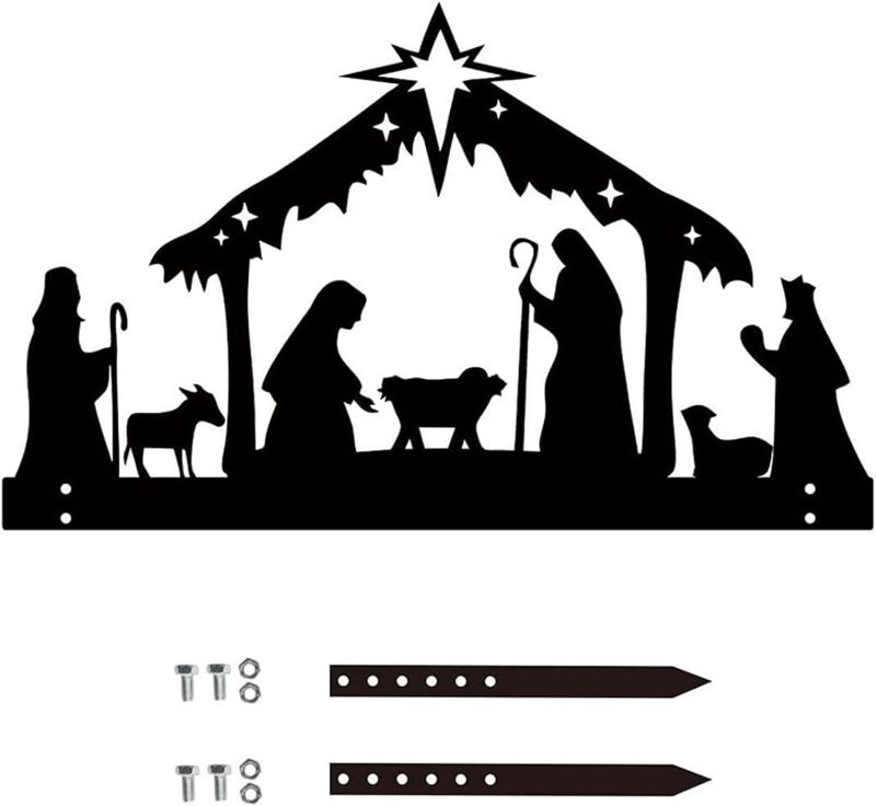 Photo 2 of Outdoor Nativity Scene, Metal Nativity Sets Silhouette Yard Sign with Stakes, Iron Art Nativity Scene Christmas Ornament for Lawn Yard Garden Decoration (41x25cm)
