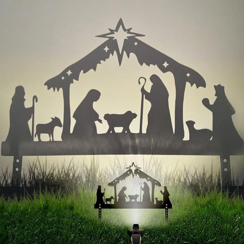 Photo 1 of Outdoor Nativity Scene, Metal Nativity Sets Silhouette Yard Sign with Stakes, Iron Art Nativity Scene Christmas Ornament for Lawn Yard Garden Decoration (41x25cm)
