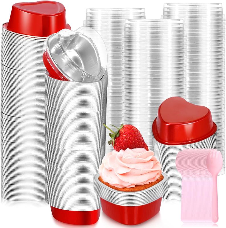 Photo 1 of 300 Sets Heart Shaped Cake Pans with Lids and Sporks 1.86 oz 3.4 oz Aluminum Foil Cake Pan Disposable Mini Baking Tins with Lids for Valentine's Day (Red,Solid)
