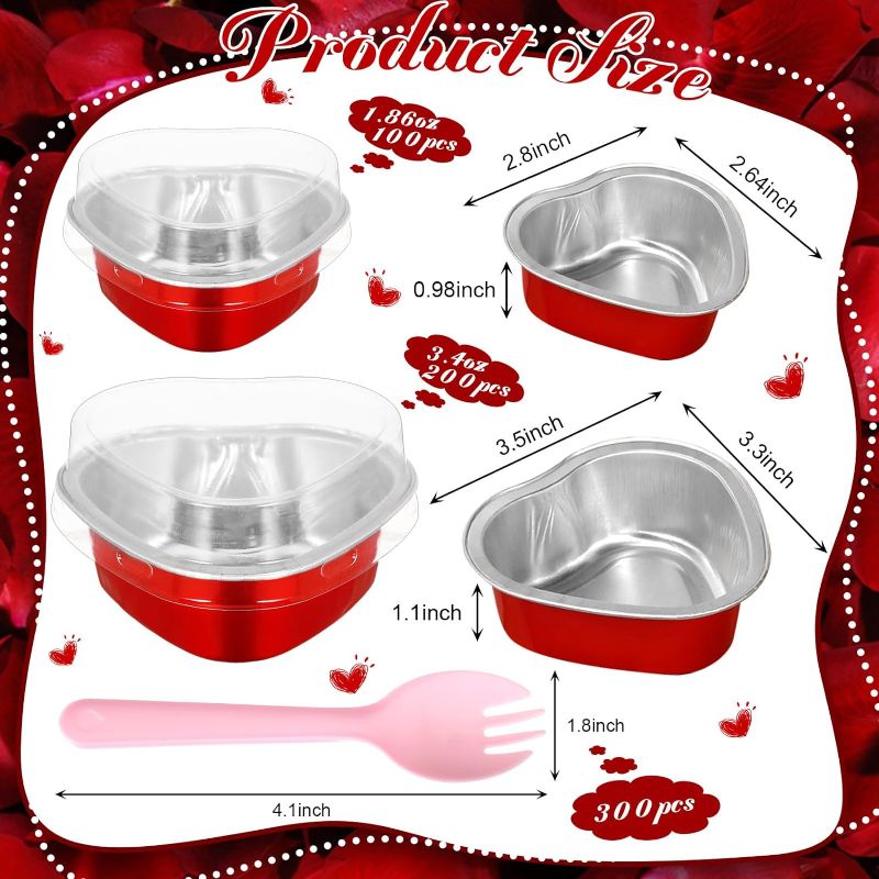 Photo 2 of 300 Sets Heart Shaped Cake Pans with Lids and Sporks 1.86 oz 3.4 oz Aluminum Foil Cake Pan Disposable Mini Baking Tins with Lids for Valentine's Day (Red,Solid)
