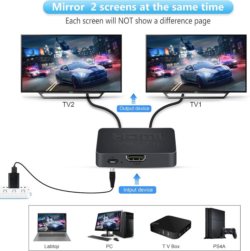 Photo 2 of HDMI Splitter 4K@60Hz, avedio links HDMI Splitter 1 in 2 Out, HDMI Splitter for Dual Monitors Only Duplicate/Mirror Screens, Support HDMI2.0b, HDCP2.2, 18.5Gbps, Auto Scaling, Full HD 1080P 3D
