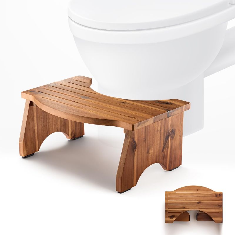 Photo 1 of Acacia Poop Stool for Bathroom Adults - 7.2" Squatting Toilet Stool for Kids - Pooping Stool Squat with Anti Slip Layer - Bathroom Stools for Sitting/Travel (Acacia Wood Foldable)
