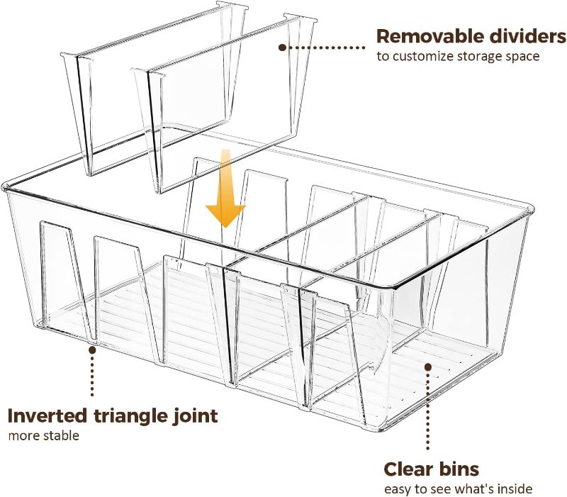 Photo 2 of Puricon 4 Pack Pantry Organization and Storage Bins for Kitchen Fridge Countertop Cabinet, Stackable Clear Plastic Storage Containers with Removable Dividers, 5 Compartments for Food Snacks Spices
