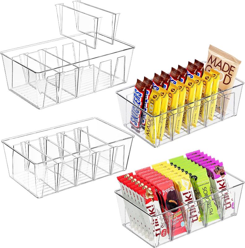 Photo 1 of Puricon 4 Pack Pantry Organization and Storage Bins for Kitchen Fridge Countertop Cabinet, Stackable Clear Plastic Storage Containers with Removable Dividers, 5 Compartments for Food Snacks Spices
