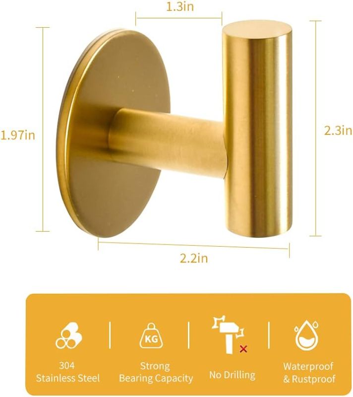 Photo 2 of Adhesive Hooks Brushed Gold SUS304 Stainless Steel Towel Hooks Heavy Duty Waterproof Wall Hooks Self Adhesive Coat Robe Towel Hooks for Bathrooms Kitchen Hotel Wall Mounted Hooks - 2 Pack
