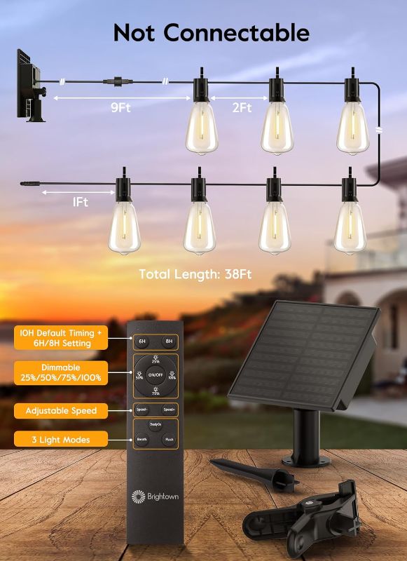 Photo 3 of Brightown Solar String Lights Outdoor - 38FT Patio Lights with Remote, LED Lights with 16 Shatterproof Bulbs, 3 Light Modes, Dimmable Hanging Solar Lights for Outside Backyard Party Decor
