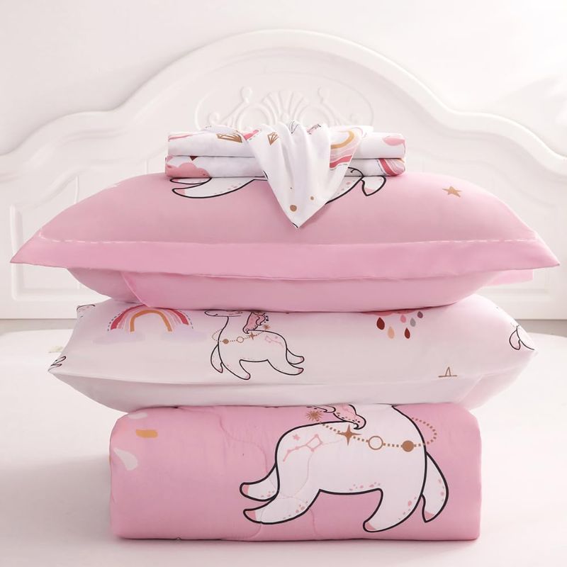 Photo 2 of Wajade Kids Pink Unicorn Comforter Set Bed in A Bag Full Size 7 Piece Cute Unicorn Rainbow Clouds Bedding Set for Girls (1 Comforter, 1 Flat Sheet, 1 Fitted Sheet, 2 Pillowcase and 2 Pillow Sham)

