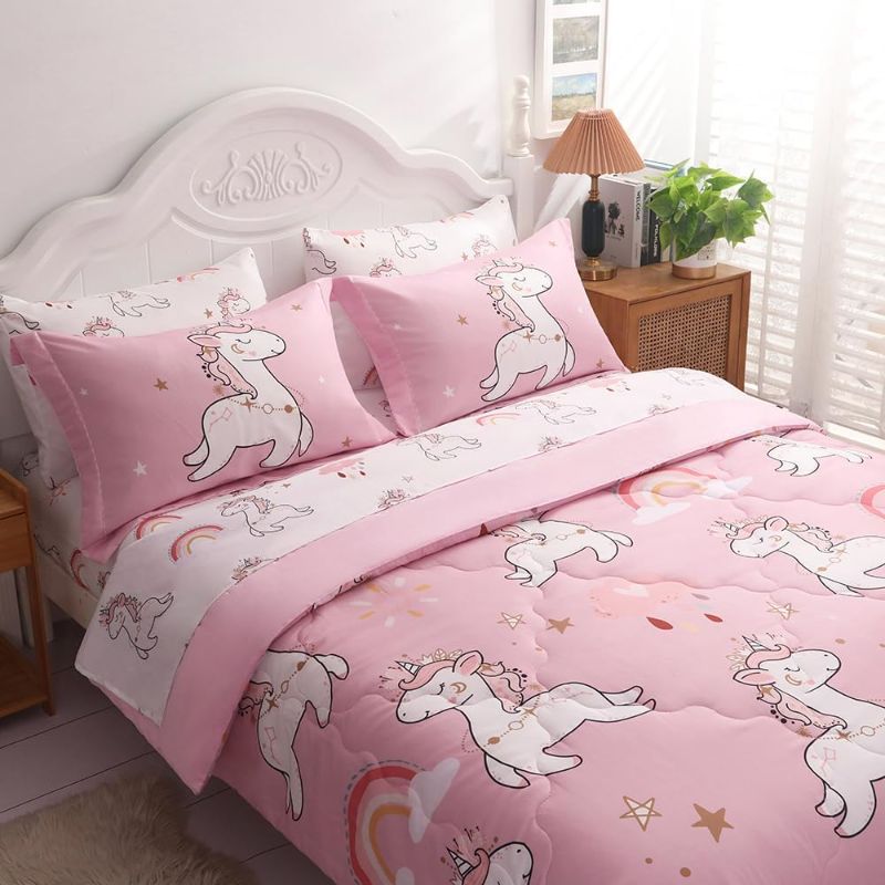 Photo 1 of Wajade Kids Pink Unicorn Comforter Set Bed in A Bag Full Size 7 Piece Cute Unicorn Rainbow Clouds Bedding Set for Girls (1 Comforter, 1 Flat Sheet, 1 Fitted Sheet, 2 Pillowcase and 2 Pillow Sham)
