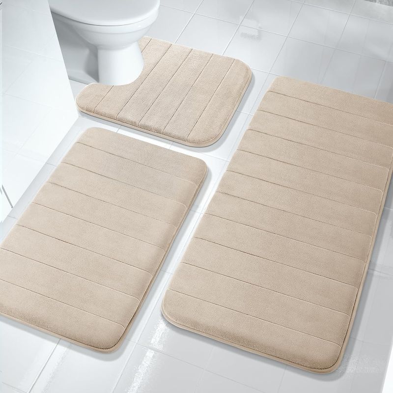 Photo 1 of Yimobra 3 Pieces Memory Foam Bath Mat Sets, 44.1x24 + 31.5x19.8 and U-Shaped for Bathroom Rugs, Toilet Mats, Non-Slip, Soft Comfortable, Water Absorption, Machine Washable, Beige
